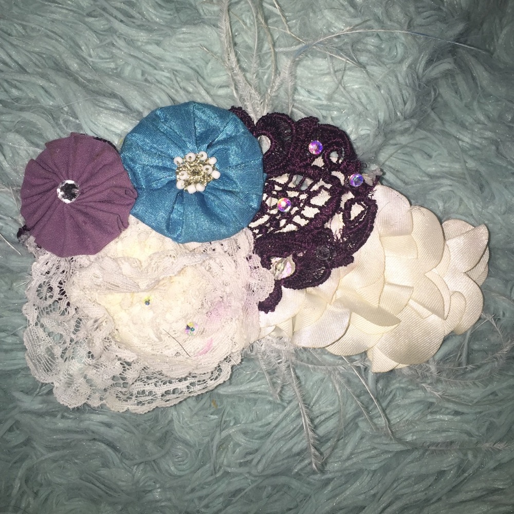 Purple cream and blue flower hair clip